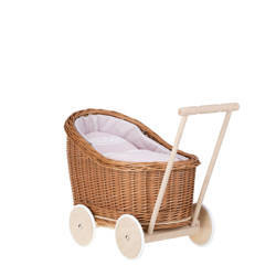 LUNA DOLL CARRIAGE WICKER STROLLER DOLL PRAM WITH PINK BEDDING 60X30 H45 CM
