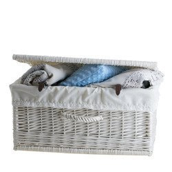 WhiteWashed Wicker Hamper with Linen storage bin handmade decorative 45x30 H20 cm