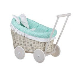 LUNA DOLL CARRIAGE WICKER STROLLER DOLL PRAM WITH mint BEDDING 60X30 H45 CM