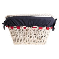 WICKER BIKE BASKET IN WHITE WITH A HEM lined handmade 46x34 H23/28 cm