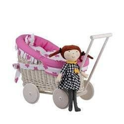 LUNA DOLL CARRIAGE WICKER STROLLER DOLL PRAM WITH PINK BEDDING 60X30 H45 CM