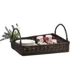 WICKER RECTANGULAR TRAY WITH HANDLES LINED dark painted decorative 60X50 H12 CM