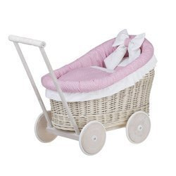 LUNA DOLL CARRIAGE WICKER STROLLER DOLL PRAM WITH PINK BEDDING 60X30 H45 CM