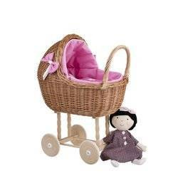 LILI DOLL CARRIAGE WICKER STROLLER DOLL PRAM WITH PINK BEDDING 50X30 H62 CM