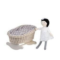 MIMI BEIGE WICKER BED ROCKING CRADLE FOR DOLLS WITH BEDDING  46X28 H 20/25 CM