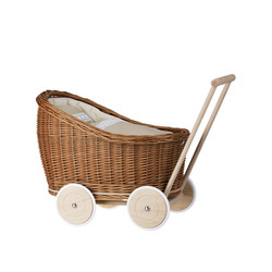 LUNA DOLL CARRIAGE WICKER STROLLER DOLL PRAM WITH BEIGE BEDDING 60X30 H45 CM