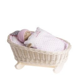 MIMI WHITE WASH WICKER BABY DOLL ROCKING CRADLE WITH BEDDING 46X28 H20/25 CM