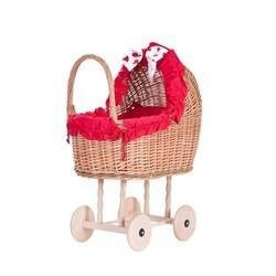 Lulu DOLL CARRIAGE WICKER STROLLER DOLL PRAM WITH red BEDDING 55x30 H57 CM