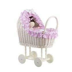 LULU DOLL CARRIAGE WICKER STROLLER DOLL PRAM WITH Pink BEDDING 55X30 H57 CM