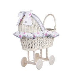LULU DOLL CARRIAGE,WICKER STROLLER DOLL PRAM WITH Pink BEDDING 55X30 H57 CM
