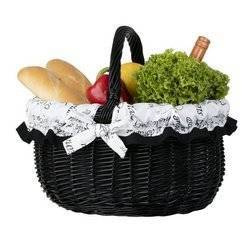 BESCHILDERDE RIETEN MAND MET STOFFEN BEKLEDING BOODSCHAPPENTAS 42X34 H23/36 CM