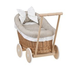 LUNA DOLL CARRIAGE WICKER STROLLER DOLL PRAM WITH BEIGE BEDDING 60X30 H45 CM