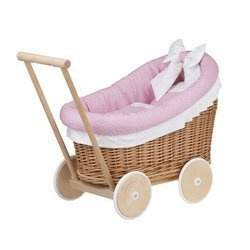 LUNA DOLL CARRIAGE WICKER STROLLER DOLL PRAM WITH Pink BEDDING 60X30 H45 CM