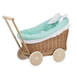 LUNA DOLL CARRIAGE WICKER STROLLER DOLL PRAM WITH mint BEDDING 60X30 H45 CM