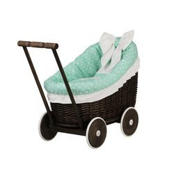 LUNA DOLL CARRIAGE WICKER STROLLER DOLL PRAM WITH mint BEDDING 60X30 H45 CM