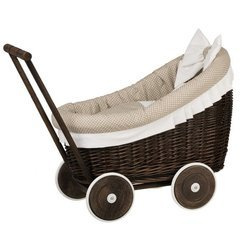 LUNA DOLL CARRIAGE WICKER STROLLER DOLL PRAM WITH beige BEDDING 60X30 H45 CM