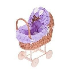 LULU DOLL CARRIAGE WICKER STROLLER DOLL PRAM WITH Lavender BEDDING 55X30 H57 CM
